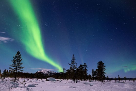 Über der weiten schneebedeckten Landschaft öffnet sich der tiefblaue Nachthimmel, der von einem grünen Polarlicht überzogen ist.