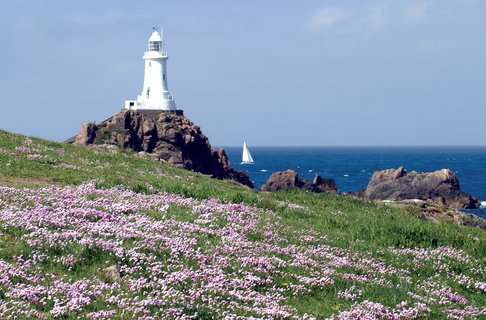 Leuchtturm auf Jersey mit Blumenfeld im Vordergrund