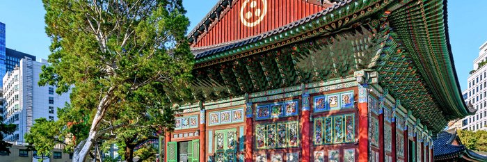 Das Bild zeigt den Jogyesa Tempel in Seoul mit bunten Verzierungen und einem Baum davor.