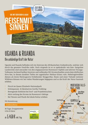 Downloaddatei des Posters für die Gruppenreisen "Die unbändige Kraft der Natur" mit Kurzinformationen zur Reise nach Uganda und Ruanda.