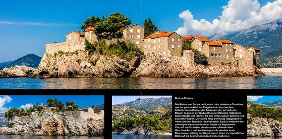 Beispielseite Budva-Riviera Doppelseite eines Montenegro-Bildbandes mit vier Fotos der Budva-Riviera, u.a. Häuser auf einer Insel