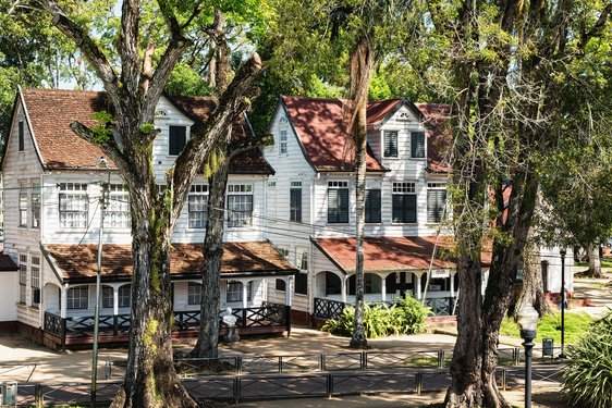 Kolonialbau in Paramaribo in Suriname Zwei weiße Holzhäuser mit Veranda, vor denen 2 große Bäume stehen