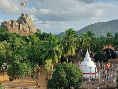 Eingestreut zwischen Palmen und Bäumen liegen Gebäude einer buddhistischen Klosteranlage, im Vordergrund rechts ein weißer Stupa.