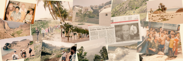 Eine Collage mehrere Bilder, die den Unternehmensgründer Kai Pardon, Wanderer, Berge, Strand und einen Zeitungsartikel abbilden.