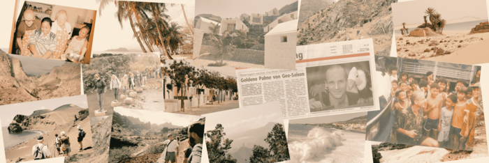 Eine Collage mehrere Bilder, die den Unternehmensgründer Kai Pardon, Wanderer, Berge, Strand und einen Zeitungsartikel abbilden.