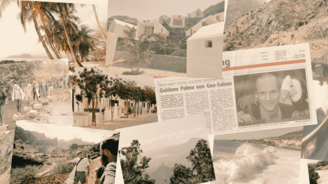 Eine Collage mehrere Bilder, die den Unternehmensgründer Kai Pardon, Wanderer, Berge, Strand und einen Zeitungsartikel abbilden.
