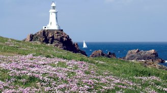 Weißer Leuchtturm auf einem Felsen am Meer