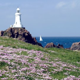 Weißer Leuchtturm auf einem Felsen am Meer