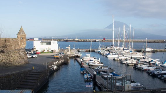 Blick auf den Hafen in Faial, Azoren