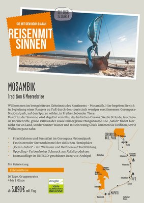 Downloaddatei des Posters für die Gruppenreisen "Tradition & Meeresbrise" mit Kurzinformationen zur Reise nach Mosambik.