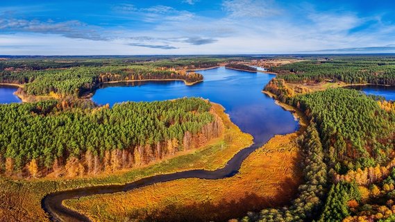 Blick auf die Masurische Seenplatte in Polen mit glitzernden Seen, grünen Wäldern und einer ruhigen, idyllischen Landschaft.