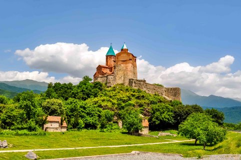 Die Kathedrale steht erhöht auf einem Hügel mit Bäumen
