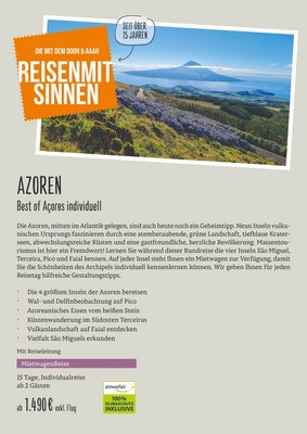 Downloaddatei des Posters für die Individualreise "Best of Açores individuell" mit Kurzinformationen zur Reise auf die Azoren. 