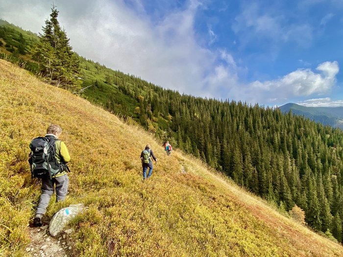 Eine Reisegruppe wandern über einen Hügel zum Berg Baba in der Slowakei.