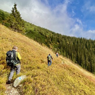 Eine Reisegruppe wandern über einen Hügel zum Berg Baba in der Slowakei.