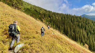 Eine Reisegruppe wandern über einen Hügel zum Berg Baba in der Slowakei.
