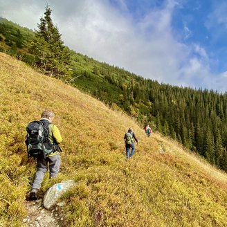 Eine Reisegruppe wandern über einen Hügel zum Berg Baba in der Slowakei.
