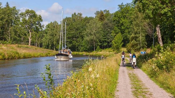 Rechts entlang eines Kanals verläuft ein gekiester Radweg. Im Hintergrund sind Radfahrer unterwegs, auf dem Kanal fährt ein Boot.