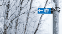 An einem Pfahl rechts im Bild ist ein blaues Schild, das auf den Wanderweg Kuststigen verweist, angebracht. Links des Pfahls erkennt man verschneite Bäume.