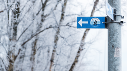 An einem Pfahl rechts im Bild ist ein blaues Schild, das auf den Wanderweg Kuststigen verweist, angebracht. Links des Pfahls erkennt man verschneite Bäume.