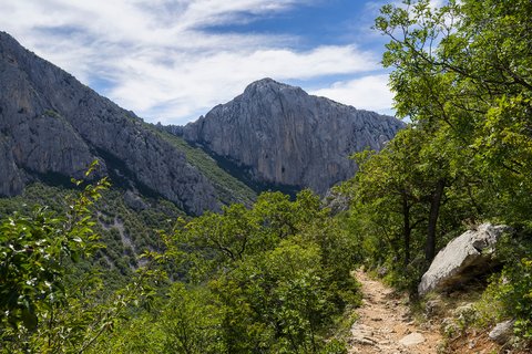 Felsige Berglandschaft im Paklenica-Nationalpark, Kroatien. Steile Kalksteinwände ragen in den Himmel, während grüne Vegetation die raue Landschaft auflockert. Ein Wanderweg schlängelt sich durch das Tal.