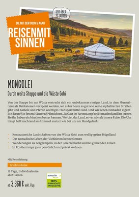 Downloaddatei des Posters für die Individualreise "Durch weite Steppe und die Wüste Gobi" mit Kurzinformationen zur Reise in die Mongolei.