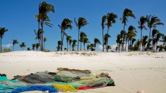 An einem Strand mit Palmen liegen Fischernetze
