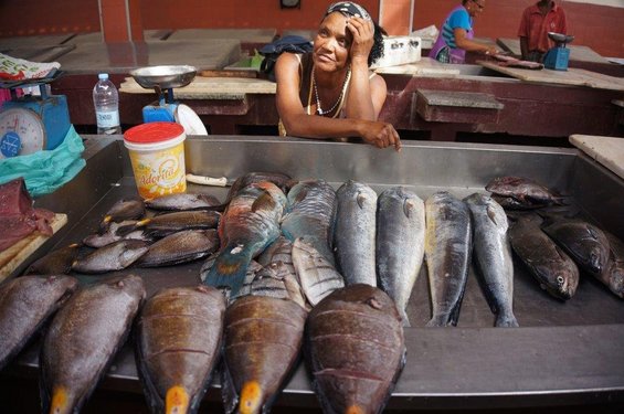 Eine Frau steht hinter einem Fischverkaufsstand 