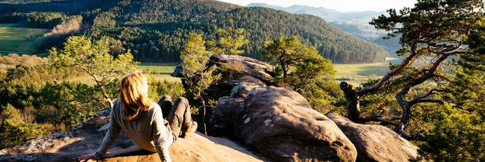 Eine Frau sitzt auf einem Felsen und genießt den Ausblick auf den Pfälzerwald