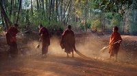 Mönche bei der Arbeit in Myanmar Mönche säubern mit Strohbesen einen staubigen Weg