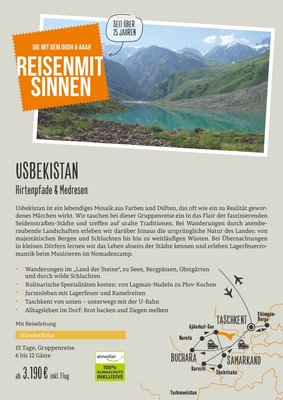 Downloaddatei des Posters für die Gruppenreisen "Hirtenpfade & Medresen" mit Kurzinformationen zur Reise nach Usbekistan.