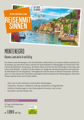  Downloaddatei des Posters für die Individualreise "Kleines Land aktiv & vielfältig" mit Kurzinformationen zur Reise nach Montenegro.