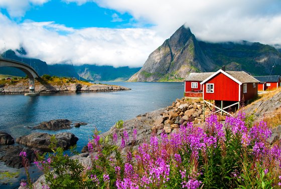 Leben auf den Lofoten in Norwegen Traditionelles Haus am Fjord mit Brücke