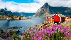 Traditionelles Haus am Fjord mit Brücke