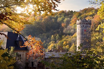 Herbstliche Burgruine Hauenstein im Pfälzerwald.