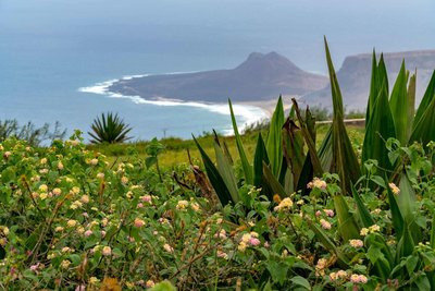 Der Blick vom Monte Verde über  São Vicente gehört zu den Sehenswürdigkeiten der Kapverden, die man sich nicht entgehen lassen sollte. Der Vordergrund des Fotos wird von grüner Vegetation eingenommen, dahinter in der Tiefe sieht man den blauen Ozean mit einer Halbinsel.