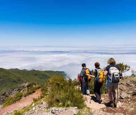 Eine Wandergruppe blickt vom Gipfel aus über die Landschaft