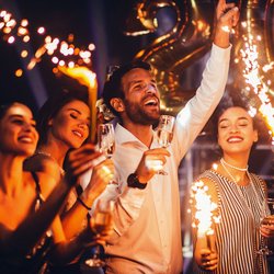 Freunde feiern Silvester mit Sekt und Wunderkerzen