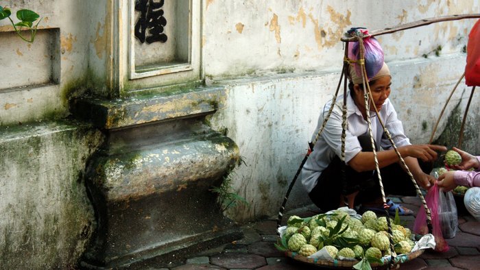 Frau verkauft frisches Obst am Straßenrand in Hanoi.