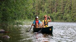 Zwei Menschen fahren Kanu auf einem Fluss in einem Nadelwald