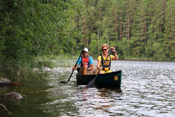Zwei Menschen fahren Kanu auf einem Fluss in einem Nadelwald