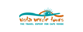 Logo vista verde Logo von Vista Verde in orangenem Schriftzug und blauer Subline und blauer Sonne.