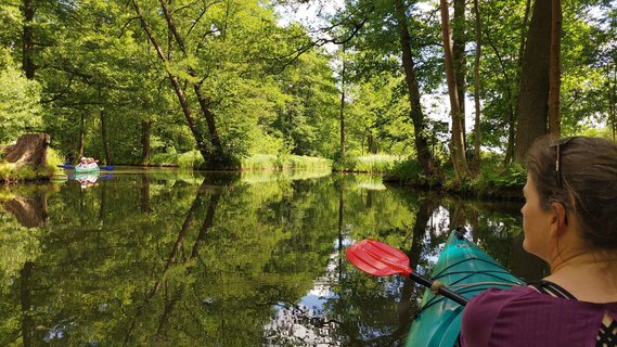 Eine Frau sitzt in einem Kanu auf einem Fluss im Spreewald