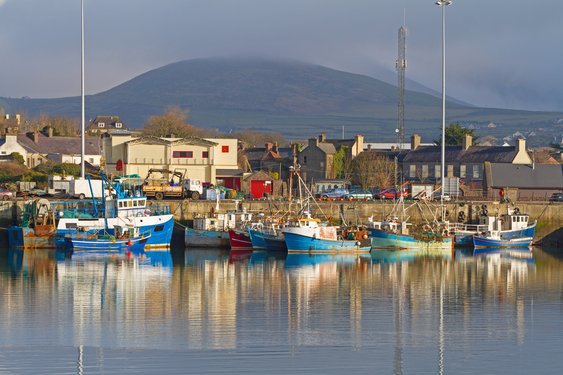 Blick vom Wasser auf den Hafen mit vielen kleinen Booten