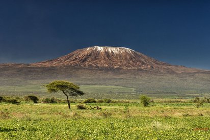 Der Kilimandscharo Aus einer grünen Steppenlandschaft erhebt sich der karge, oben von Schnee bedeckte Kilimandscharo.