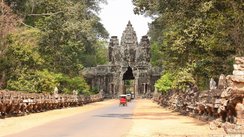 Tuk Tuks fahren auf einem Weg auf einen Tempel zu