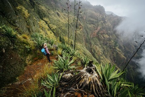 Wanderin im Nebel am üppig-grünen Cova-Krater auf Santo Antao