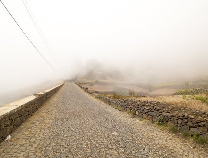Ein steiniger Weg umgeben von Nebel