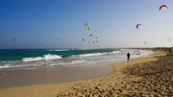 Man sieht einen ausgedehnten Strandabschnitt mit gelbem Sand und leuchtend blauem Meer. Über dem Meer befinden sich viele Schirme von Kitesurfern.