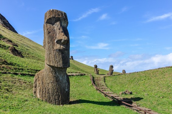 Steinstatue auf den Osterinseln in Chile große Steinstatue auf einer Wiese